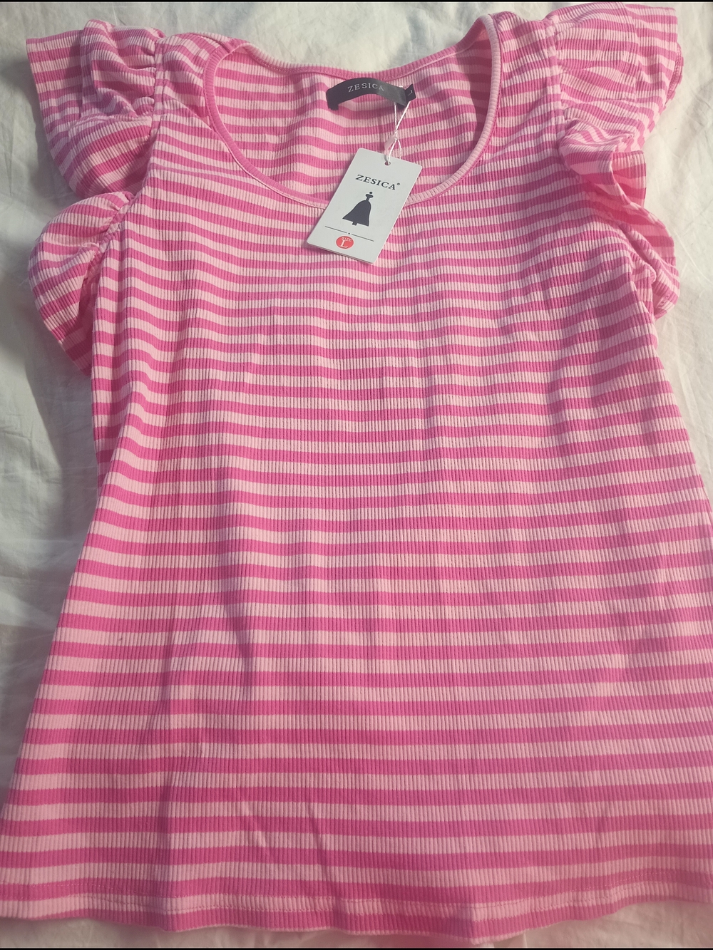 Zesica Pink Striped Ruffle Sleeve Tee